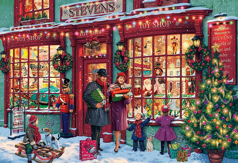 Christmas Toyshop, art, craciun, christmas, people, toyshop, children, painting, pictura, HD wallpaper