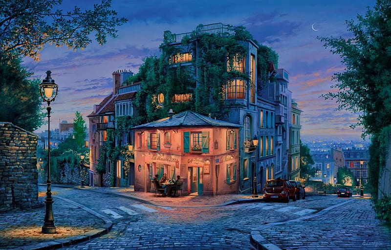 La Maison Rose Blue, restaurant, cozy, art, France, paintning, beautiful, dusk, evening, street, HD wallpaper