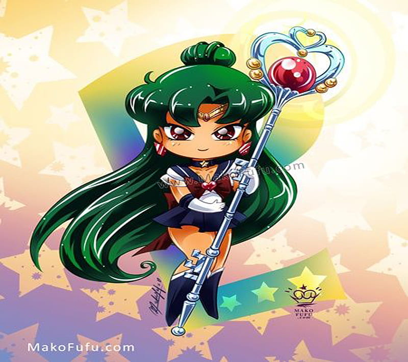 Chibi Sailor Pluto, anime, chibi, cute, girl, moon, pluto, sailor, staff, HD wallpaper