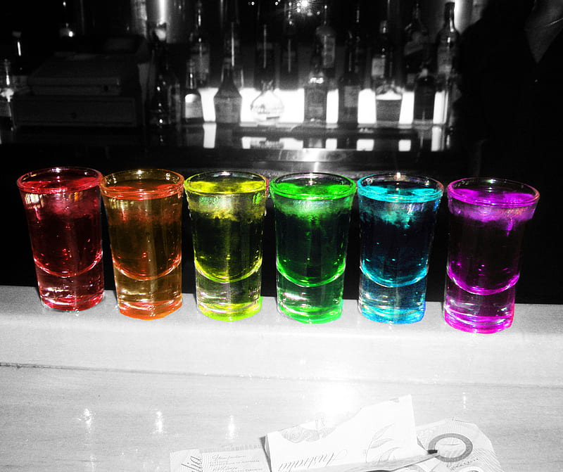 Rainbow Shots, bow, drinks, glass, glasses, rain, shot, HD wallpaper