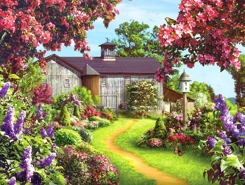 Everything Blooms, flowers, house, grass, trees, way, HD wallpaper | Peakpx