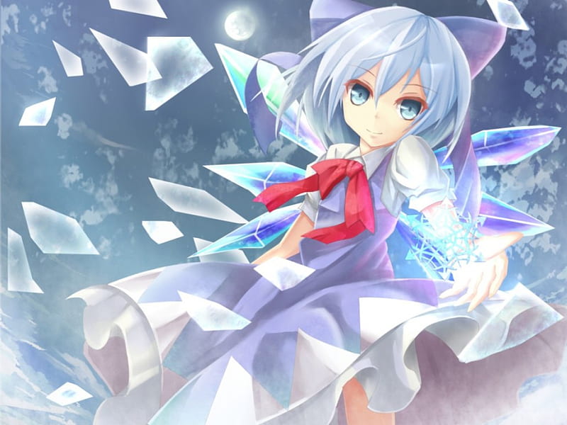 Cirno, dress, magic, wing, bluer hair, anime, touhou, hot, anime girl, fairy, female, wings, ribbon, gown, sexy, short hair, cute, girl, snowflakes, ice, magician, HD wallpaper