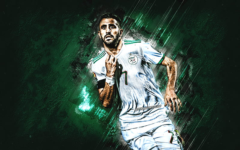 Riyad Mahrez, Algerian footballer, portrait, Algeria national football team, football, green stone background, creative art, Algeria, HD wallpaper
