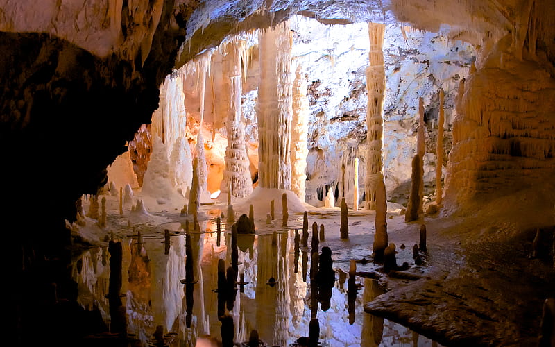 Cave, stalagmites, water, limestone, stalactites, nature, reflection, HD wallpaper