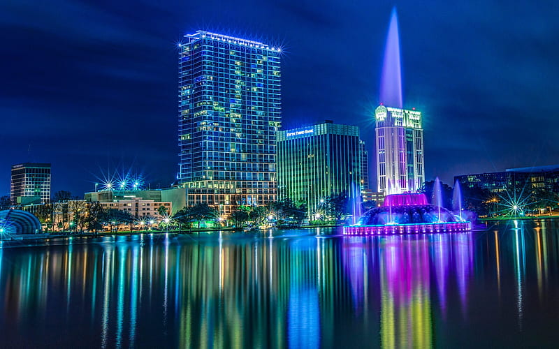 Orlando, night, Lake Eola Park, Downtown, Florida, USA, America, HD wallpaper