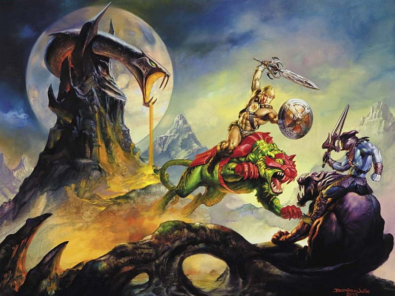 Heman and Skeletor, mountain, protector, moon, warrior, battle, evil, HD wallpaper