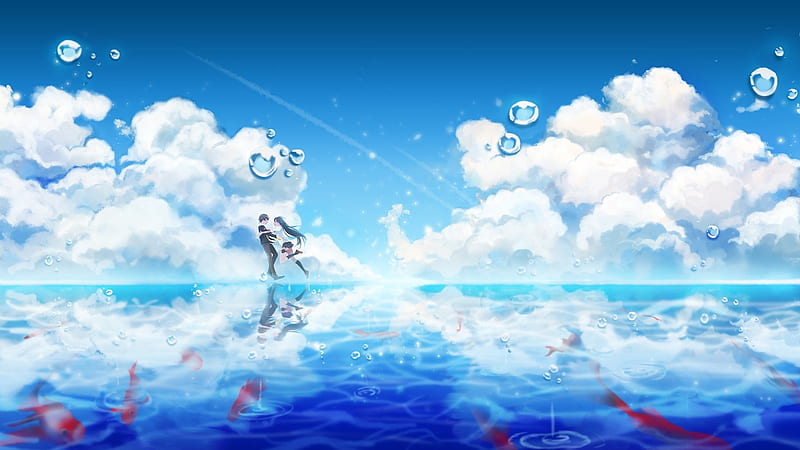 HD wallpaper: Sky, Sea, Clouds, Bubbles, Anime Girl