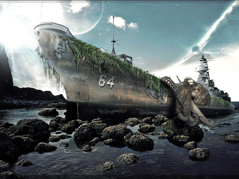 abandoned ship, stars, rocks, clouds, moon, water, ship, planet, octopuss, blue sky, seaweed, HD wallpaper