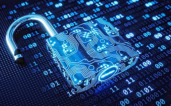 3d neon blue lock, computer security, digital technology, blue digital background, blue security background, lock concepts, HD wallpaper