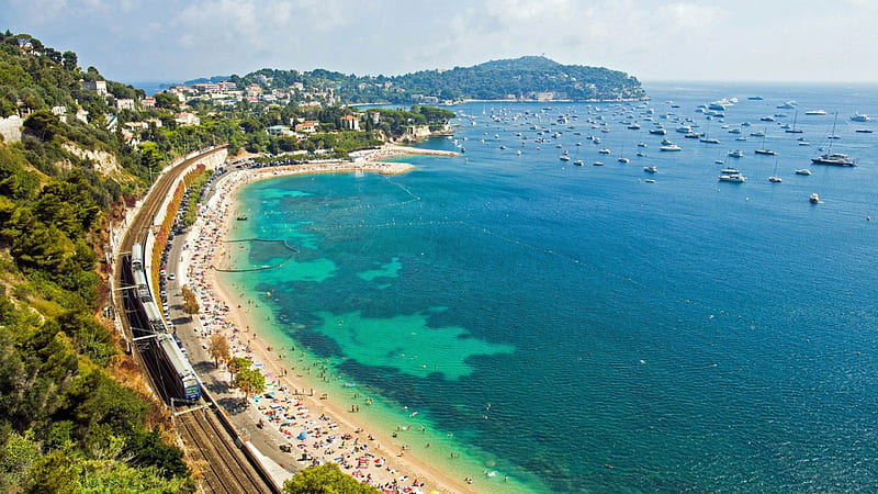 coastal train in a mediterranean french town, beach, train, town, coast, sea, HD wallpaper