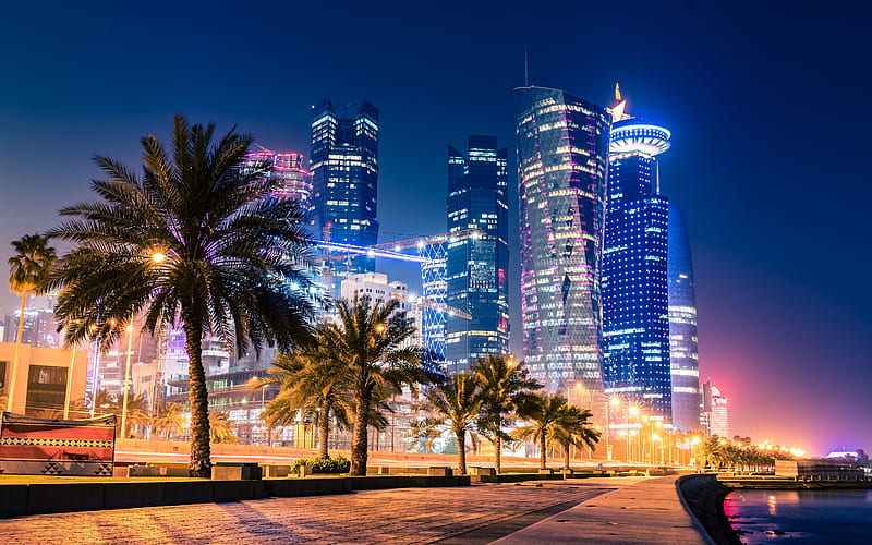 Bay Skyscraper City Night View Doha Qatar, HD wallpaper
