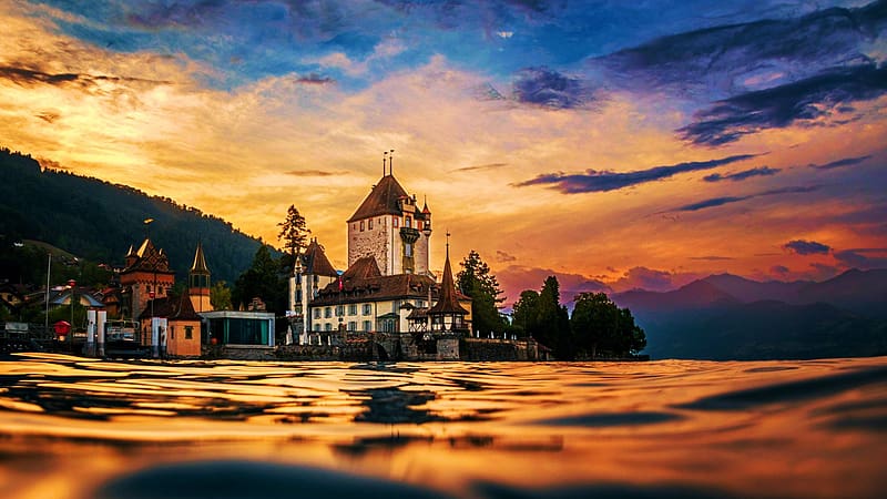 Lake Thun, Oberhofen Castle, Switzerland, reflections, hills, landscape, trees, clouds, colors, sky, water, HD wallpaper