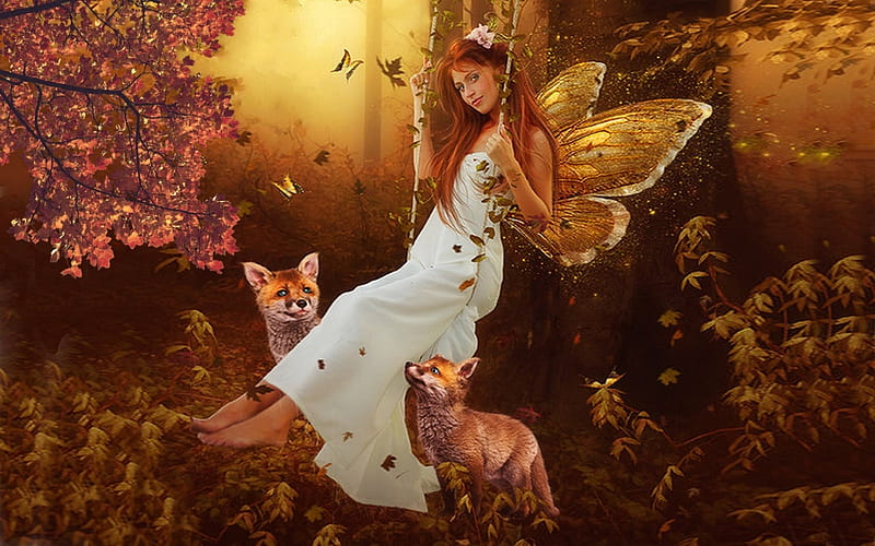 Fall Fairy, Fall, brown, woods, Fairy, leaves, swing, Foxes, Autumn, Wings, HD wallpaper