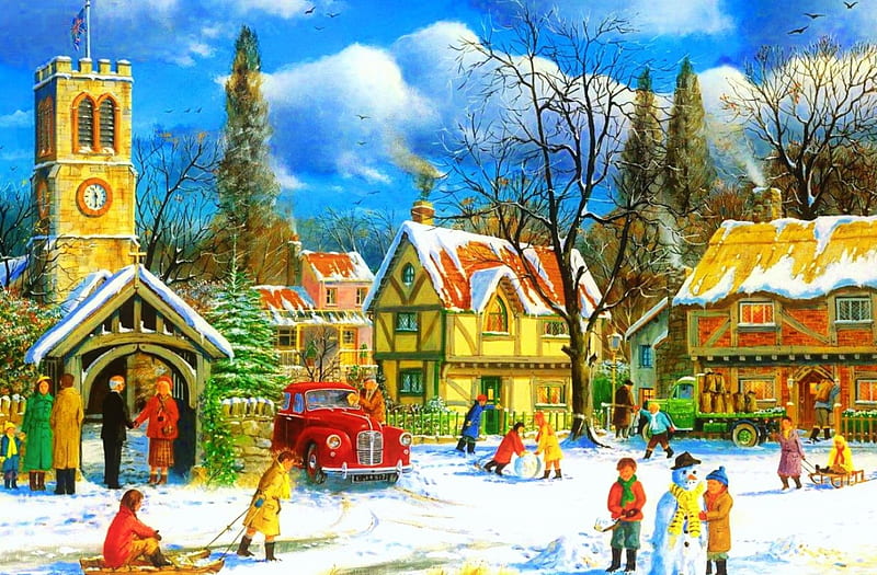 Winter village, colorful, art, christmas, holiday, houses, children, bonito, fun, church, joy, mood, winter, painting, village, scene, HD wallpaper