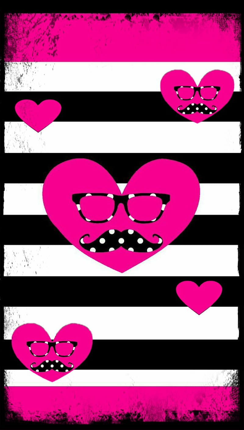 Mister Heart, black, corazones, moustache, pink, HD phone wallpaper