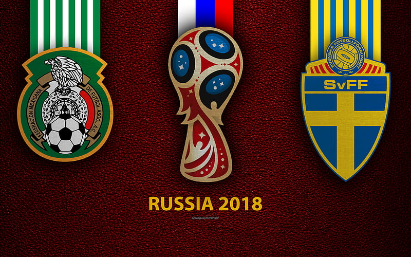 Mexico vs Sweden Group F, football, 26 June 2018, logos, 2018 FIFA World Cup, Russia 2018, burgundy leather texture, Russia 2018 logo, cup, Mexico, Sweden, national teams, football match, Yekaterinburg Arena, HD wallpaper