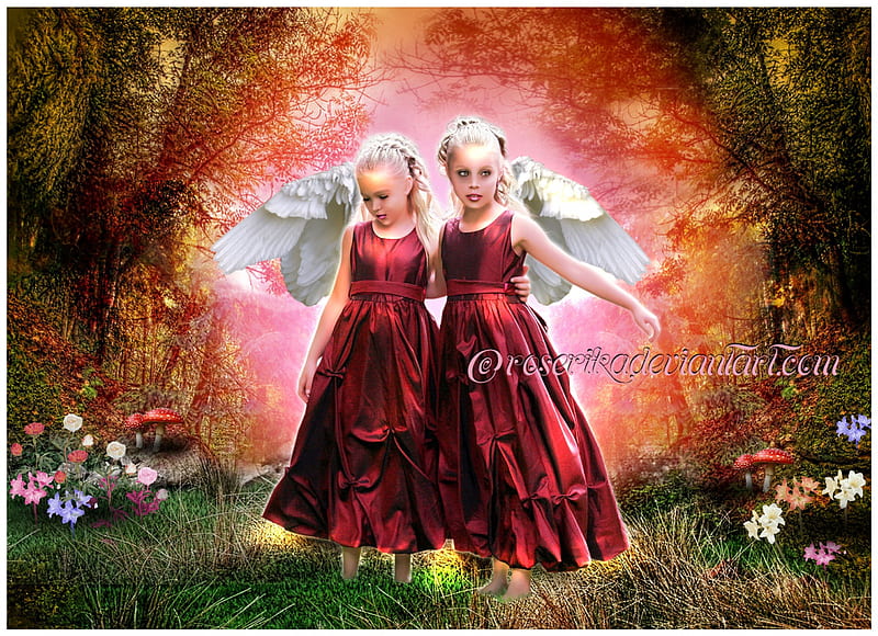 ✼.Red Binoculars Fairies.✼, pretty, grass, sweet, fantasy, butterfly, manipulation, flowers, forests, face, childs, twins, wings, lovely, models, lips, trees, cute, eyes, binoculars, red, colorful, mushroom, bonito, digital art, hair, leaves, fairies, girls, animals, female, colors, dresses, plants, HD wallpaper