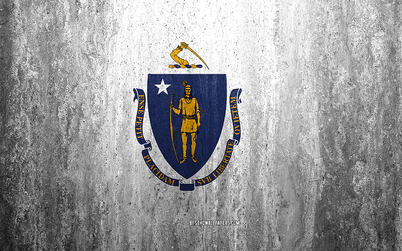 Flag of Massachusetts stone background, American state, grunge flag, Massachusetts flag, USA, grunge art, Massachusetts, flags of US states, HD wallpaper