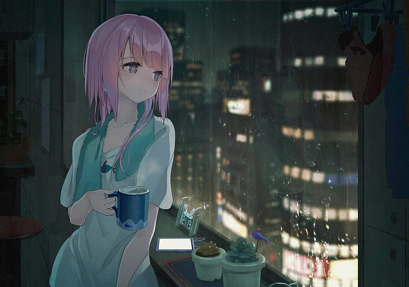 kaf, virtual youtuber, raining, pink hair, mood, coffee, building, window, Anime, HD wallpaper