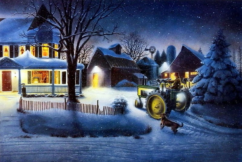Evening Chores, tractor, houses, artwork, lights, winter, tree, snow, painting, village, dog, HD wallpaper