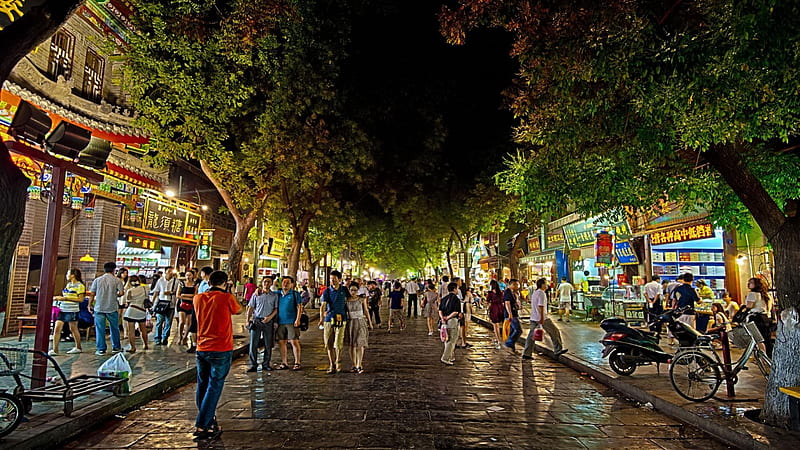busy market street in xian china at night, trees, stores, street, people, HD wallpaper