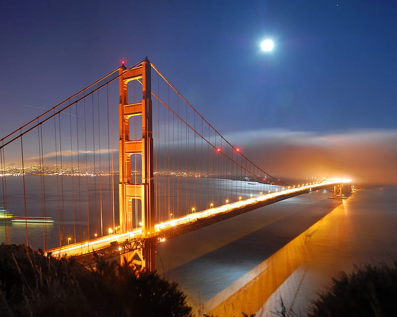 Bridge , city, clouds, francisco, lights, moon, nature, night, san, HD wallpaper