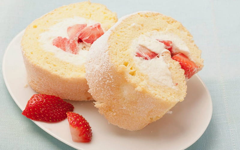 Strawberry and Cream Sponge Roulade, cake, roulade, strawberry, food, HD wallpaper