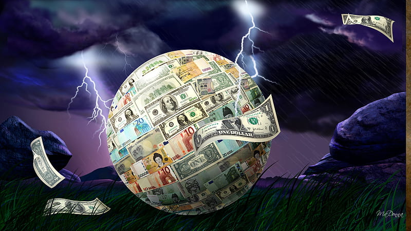 The Worlds Money, world, stormy sky, money, lightning, firefox persona, currency, sky, HD wallpaper