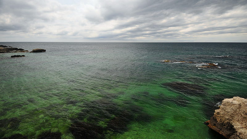 green sea near sevastopol ukraine, rocks, shore, green, sea, HD wallpaper