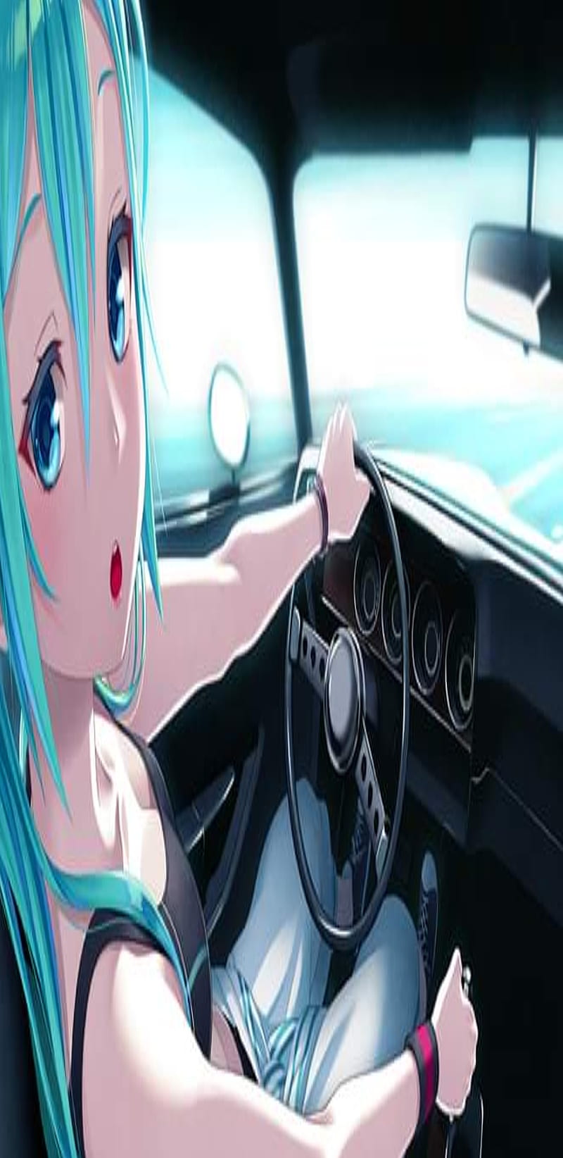 Retro anime girl driving in a car chased by a ghost on Craiyon
