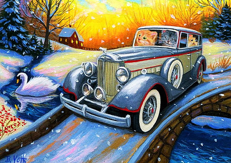 A Winter Drive, carros, snow, painting, sunset, swan, cats, street, artwork, HD wallpaper