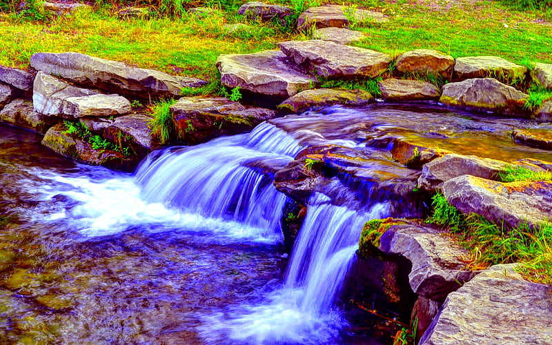 SMOOTH FLOW, stream, rocks, stones, field, waterfalls, HD wallpaper
