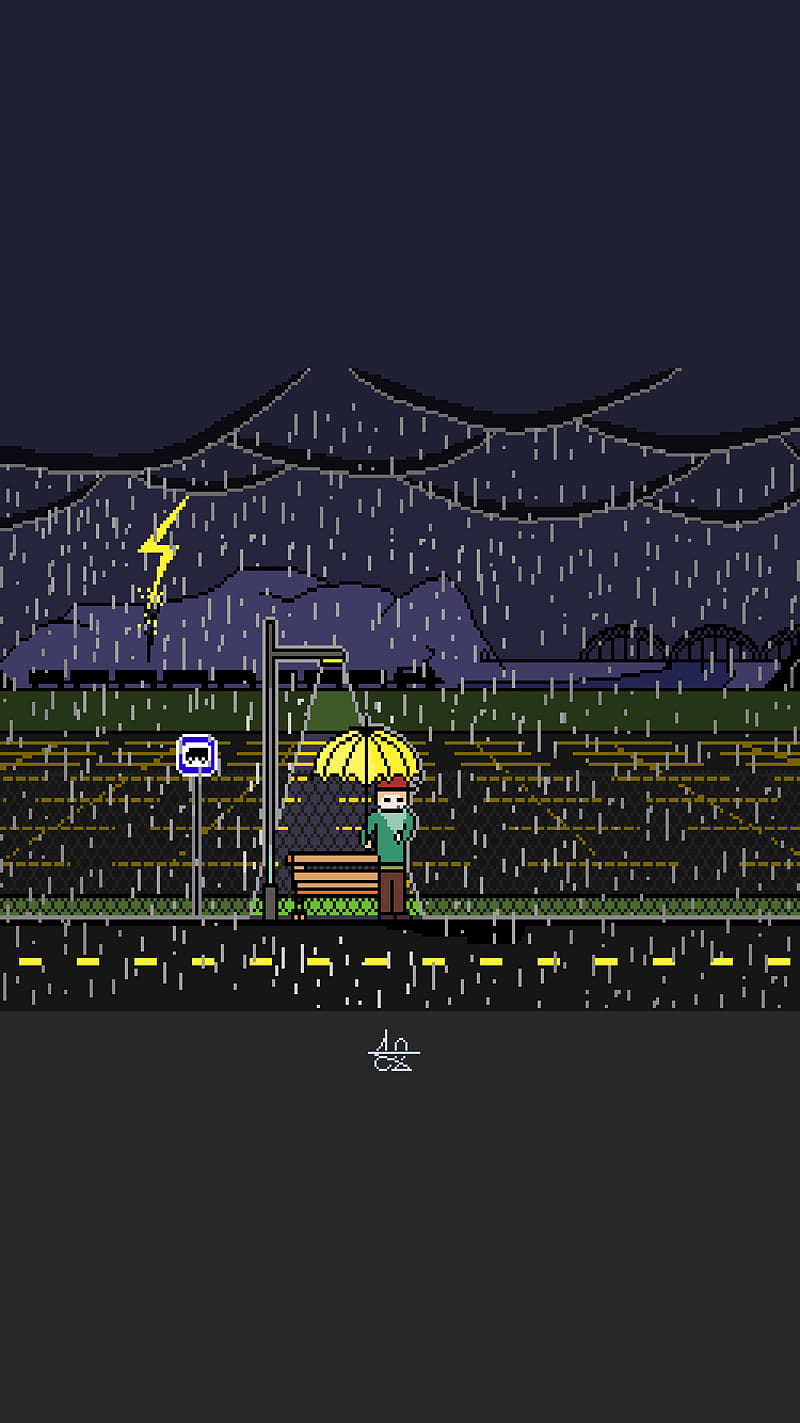 Rainy night, man, pixel, pixelart, rain, HD phone wallpaper