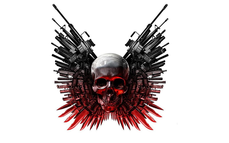 Killer Skull, guns, knives, red, skulls, HD wallpaper