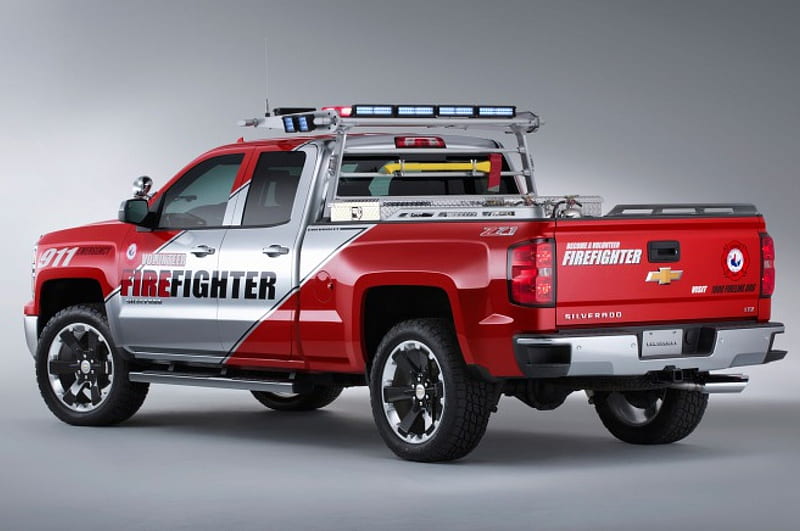 2014-Chevrolet-Silverado-Z71-Volunteer-Firefighter, Silver, Red, Bowtie, Truck, HD wallpaper
