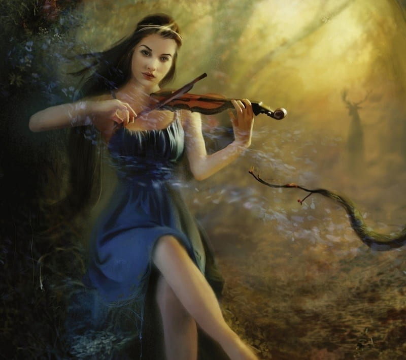 :), art, dress, violin, instrument, fantasy, bente schlick, girl, blue, HD wallpaper