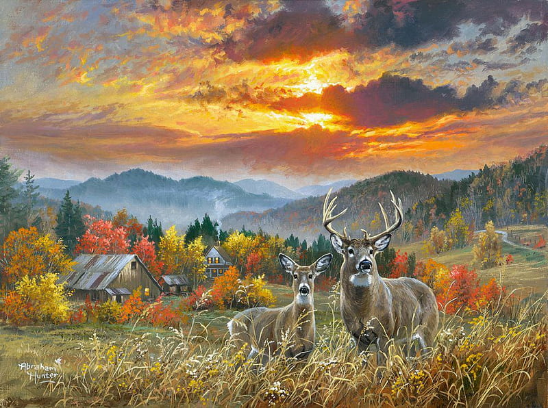 November Light, autumn, mountains, painting, colors, sky, artwork, barn, deer, sunset, HD wallpaper