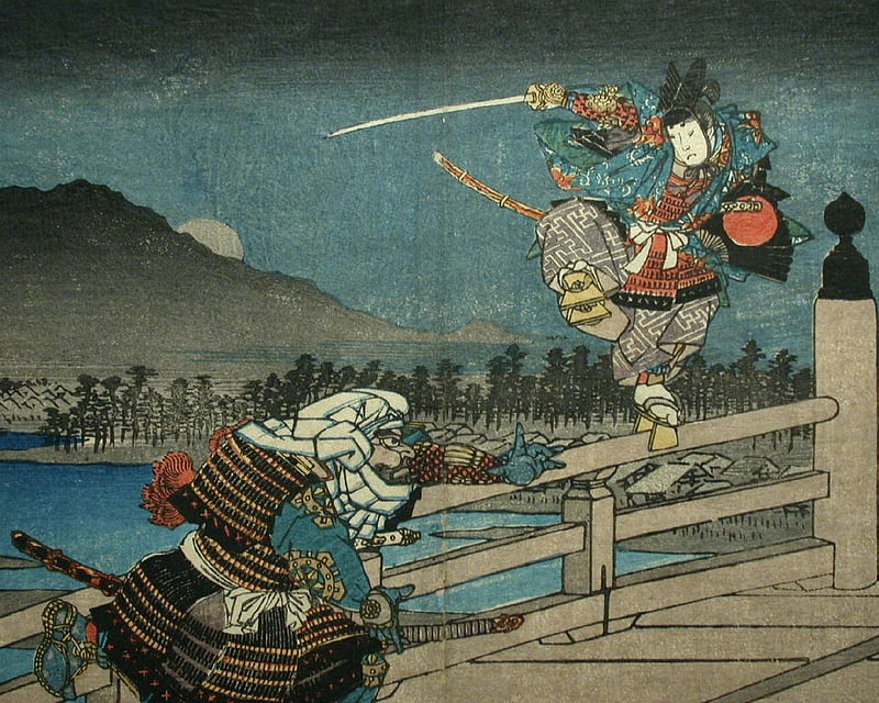 Japanese Print of Acrobatic Samurai, japan, print, ukiyo-e, 19th century, HD wallpaper