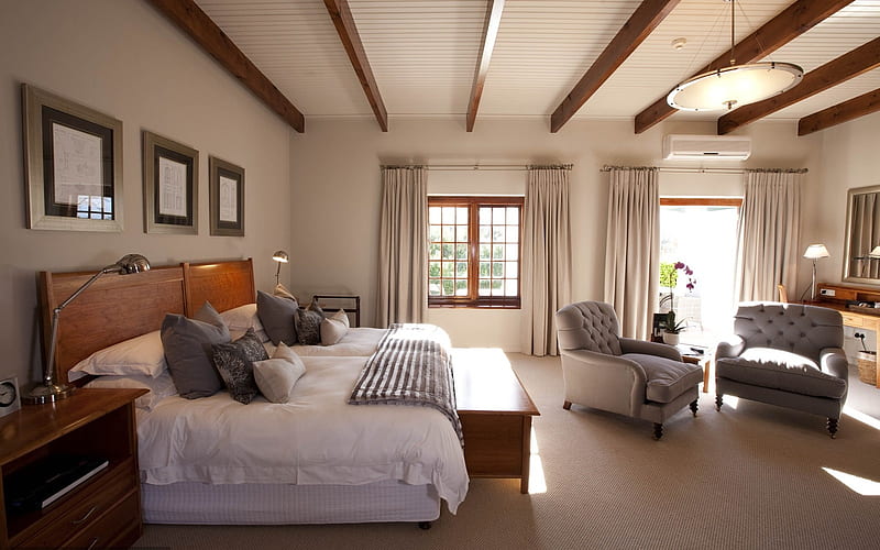 Sunny Bedroom, furniture, house, interior, home, bedroom, HD wallpaper