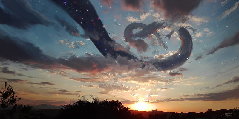 dragon, sky, sunset, scenic, fantasy creature, Fantasy, HD wallpaper
