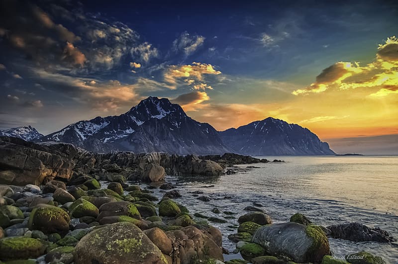 Sky, Sea, Mountain, , Arctic, Norway, Spring, Lofoten Islands, Scandinavia, Seashore, Boulder, HD wallpaper