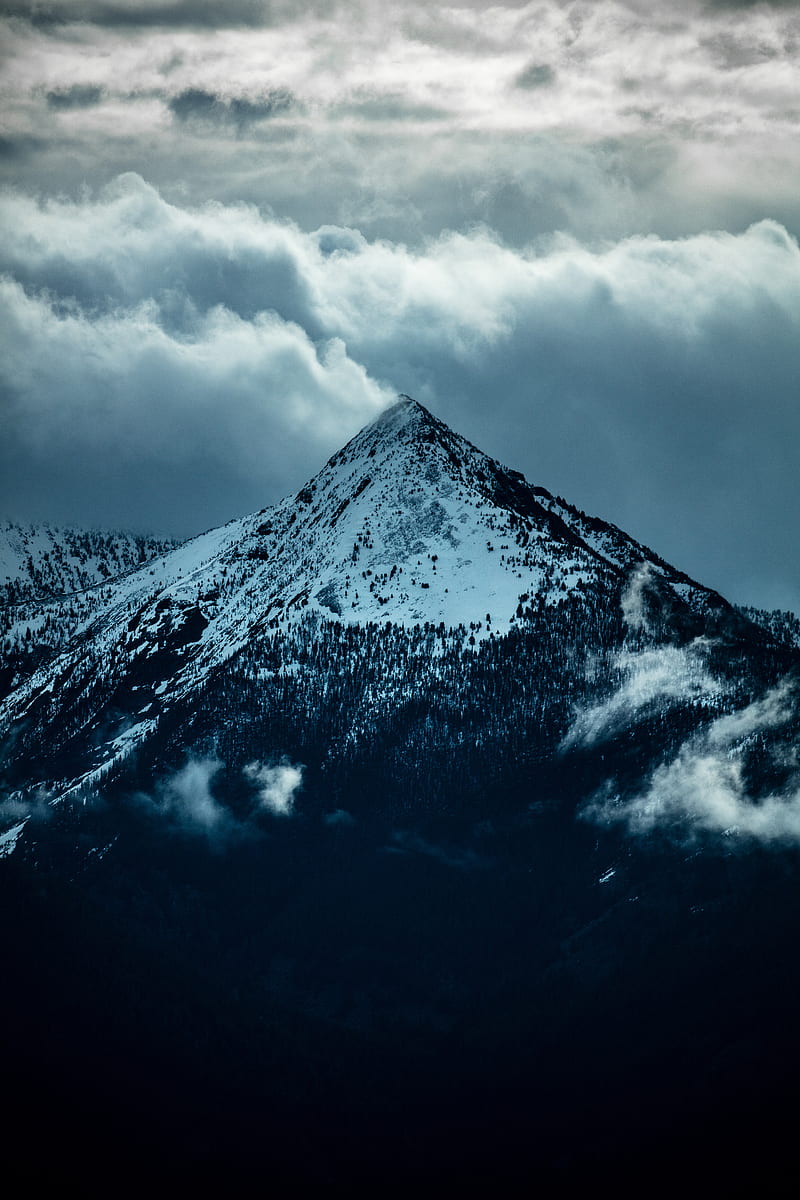 mountain, peak, clouds, snow, trees, slope, HD phone wallpaper