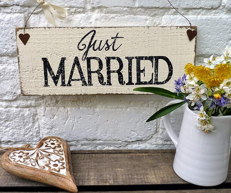 Just married, flowers, married, sign, HD wallpaper