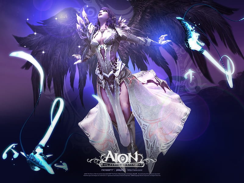 Aion the tower of eternity, wings, cg, angel, evil, black, demon, fantasy, 3d, battle, good, mmorpg, white, other, HD wallpaper