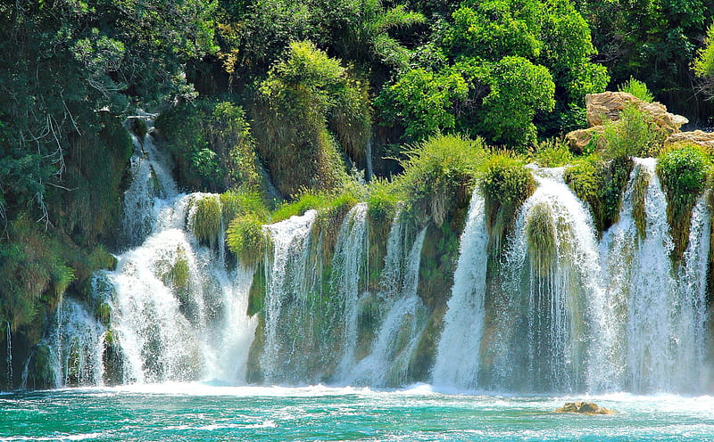 Krka National Park, Croatia, rocks, tourism, emerald, trees, waterfalls, water, green, forests, white, rivers, HD wallpaper