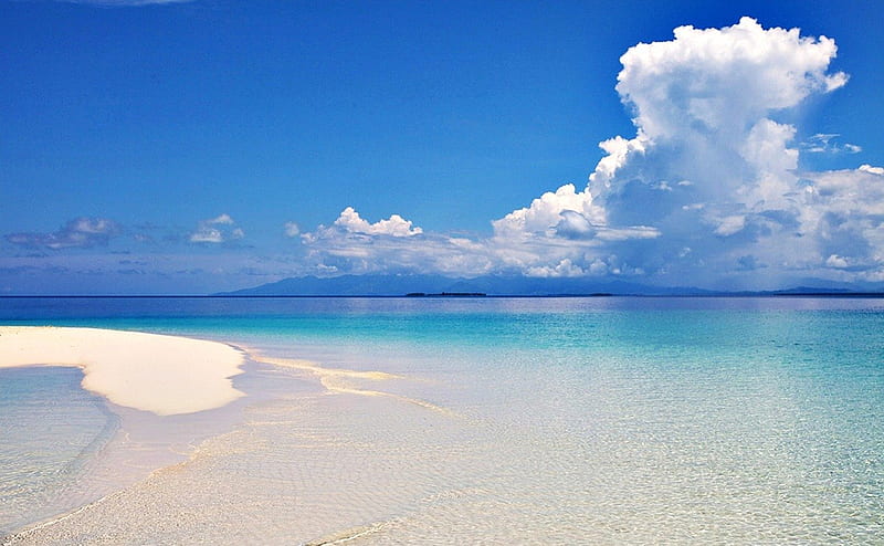 Pristine Waters, islands, bonito, emerald, clouds, beach, skies, sand, white, blue, HD wallpaper
