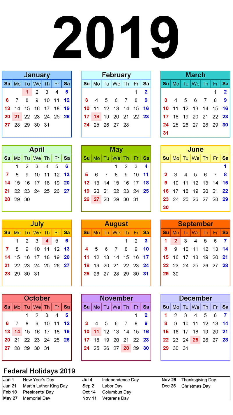 2019 Calendar v2 calendars 19 holidays holiday 2010s astrology
