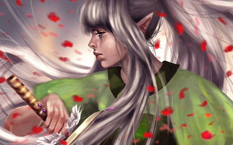 Campagne médiévale fantastique, "Aventures dans l'empire Zhong Hoo ou la géopolitique du dragon" - Page 5 HD-wallpaper-elf-girl-art-elf-blood-fantasy-girl-green-samurai-katana-petals