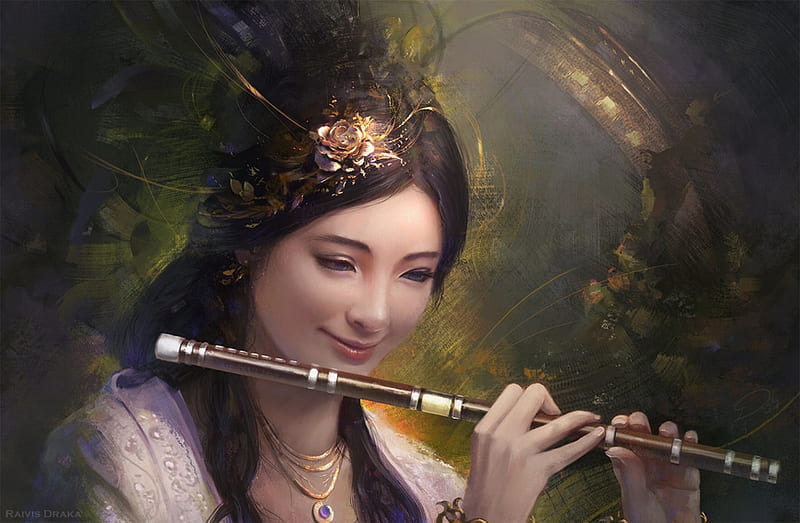 The flute, art, frumusete, luminos, superb, fantasy, girl, hand, flute, asian, raivis draka, gorgeous, HD wallpaper