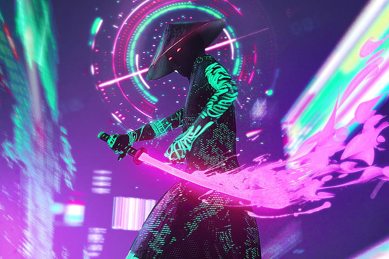 Cyberpunk, Neon, Warrior, Sci Fi, Samurai, Sword, HD wallpaper